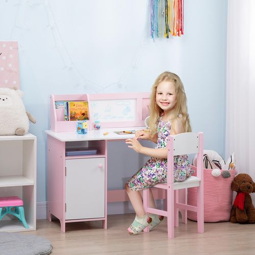 HOMCOM Holz-Kindertisch und Stuhl-Set mit Whiteboard, Lerntisch für Kinder ab 5 Jahren, Kinderschreibtischmöbel, 90 x 45 x 85 cm, Rosa