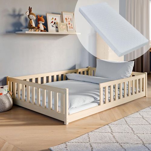 Bodenbett Bett mit Rausfallschutz & Lattenrost Montessori Bett Kinder Gitterbett Jugendbett natur mit Matratze Junge Mädchen 140x200cm