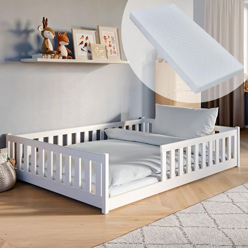 Bodenbett Bett mit Rausfallschutz & Lattenrost Montessori Bett Kinder Gitterbett Jugendbett weiß mit Matratze Junge Mädchen 140x200cm