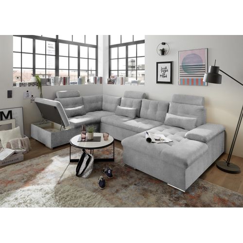 Wohnlandschaft ></noscript>MEDAN< Schlaffunktion, Bettkasten, 3 Kopfstützen, Armlehnfunktion, in light grey - 324x107x170/218 (BxHxT)
