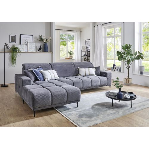 Wohnlandschaft ></noscript>Lindesberg< 3x Kopfteilverstellung, Federkern, Cord grau - 286x107x195cm (BxHxT)