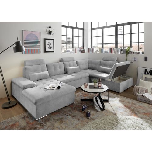 Wohnlandschaft ></noscript>MEDAN< Schlaffunktion, Bettkasten, 3 Kopftützen, Armlehnfunktion, in light grey - 324x107x170/218 (BxHxT))