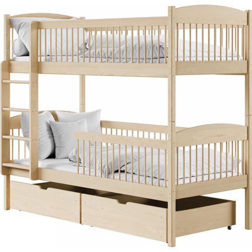 Hochbett Kinder, Etagenbett, Kinderbett | Massives Kiefernholz, 2 Schubladen, sicher & funktional | Größen: 80x180, 90x190, 90x200 cm | 80x180 cm von 3. bis 12. Lebensjahr | Natur
