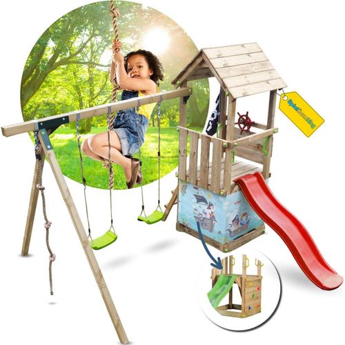 Spielturmking Spielturm LITTLE KIOSK mit Rutsche Doppelschaukel Kletterseil - Grün DH934