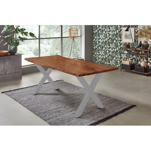 Esstisch 120x80 cm Bologna, Akazienholz massiv + nussbaumfarben, echte Baumkante, Baumkantentisch mit X-Gestell aus Metall Silber, Esszimmertisch/Holztisch/Küchentisch