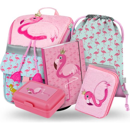 BAAGL Zippy Flamingo Schulranzen-Set 5tlg: Schulranzen, Federmäppchen, Turnbeutel, Brotdose, Heftmappe