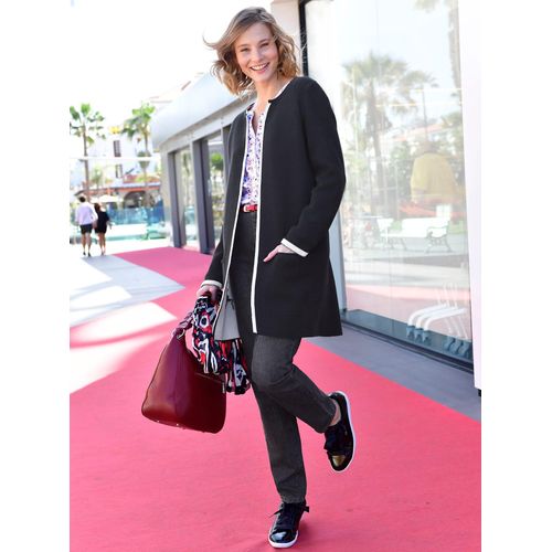 Strickjacke CREATION L, Damen, Gr. 48, schwarz-weiß (schwarz, ecru), 47% Baumwolle, 47% Polyacryl, 6% Polyamid, unifarben, figurumspielend, Strickjacken