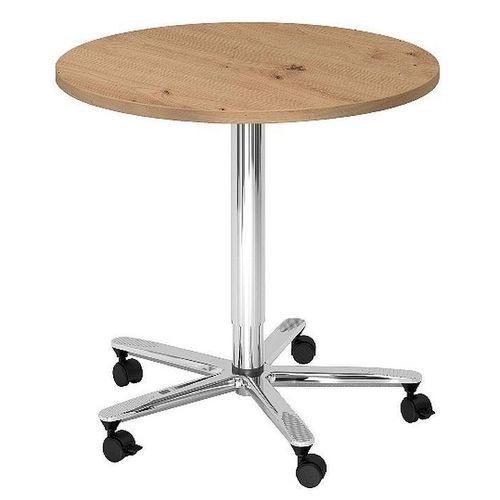 Beistelltisch Säulenhubtisch Besprechungstisch chrom 80 cm Durchmesser R = Asteiche-mit Rollen