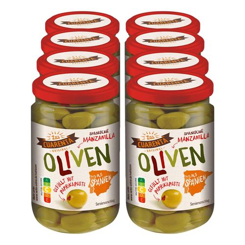 Las Cuarenta Oliven mit Paprikapaste 340 g Abtropfgewicht 200 g, 8er Pack