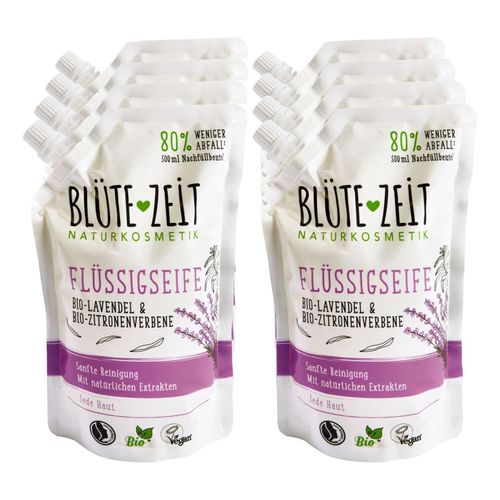 BLÜTE-ZEIT Flüssigseife Nachfüllbeutel Bio-Verbene & Bio-Lavendel 500 ml, 8er Pack
