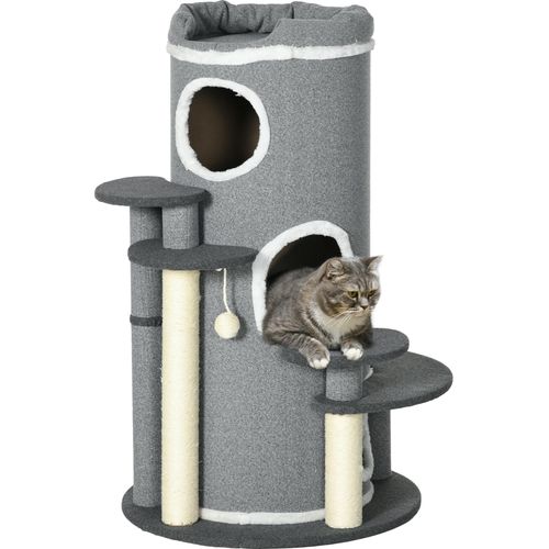 PawHut Katzen Kratztonne 99 cm Spieltonne Kratzbaum Katzenbaum mit Katzenbett, Spielball, Plattformen, Katzenkratzbaum mit 3 Türen, Katzenmöbel, Grau