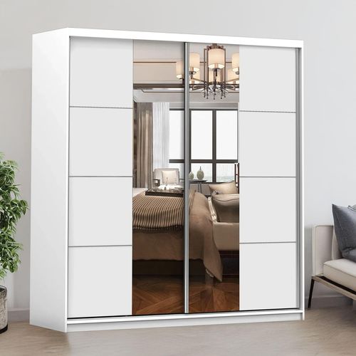 Schwebetürenschrank Kleiderschrank Schrank 203cm Weiß/Weiß mit Spiegeln und Zierleisten Pola 38