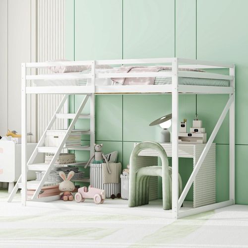 Fortuna Lai Kinderbett Hochbett 140x200 mit Sicherheitsleiter, Etagenbett aus Massivholz mit Lattenrost geeignet für Kinder, Jugendliche und Erwachsene, Weiß
