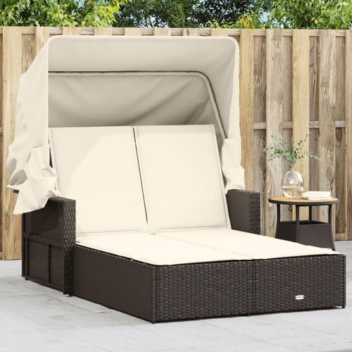 Gartenliegen - Doppel-Sonnenliege mit Dach und Auflagen Braun Poly Rattan Möbel21