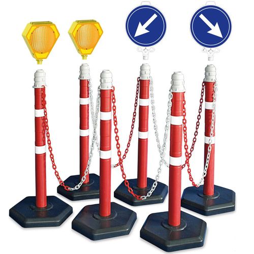 Kettenpfosten-Set, 6 Kettenständer, 10 m Kette, 2x Solar-Blinklampe, 1x Leitschild