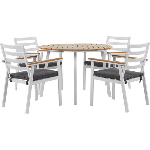 BELIANI Gartenmöbel Set Tisch mit 4 Stühlen Weiß Alumunium Graues Sitzkissen Outdoor Indoor Garten Salon Wohnzimmer Tarrasse