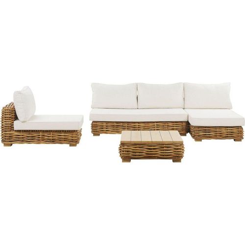 BELIANI Lounge Set Natürlich Rattan 4-Sitzer Linksseitig mit Auflagen Cremeweiß Tisch und Lounger Boho Gartenausstattung Terrasse Outdoor