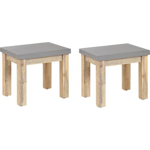 BELIANI Hocker Grau / Heller holzfarbton Faserzement / Akazienholz 2er Set Indoor & Outdoor Garten Schlafzimmer Wohnzimmer