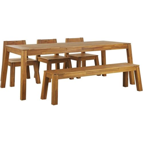 BELIANI Gartenmöbel Set Hellbraun Akazienholz rechteckiger Tisch 210x90 cm mit Bank 3 Stühlen Rustikal Terrasse Outdoor Indoor Gartenausstattung