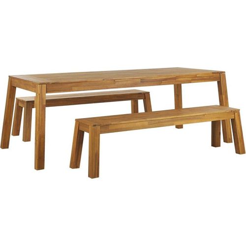 BELIANI Gartenmöbel Set Hellbraun Akazienholz rechteckiger Tisch 210x90 cm mit 2 Bänken Rustikal Terrasse Outdoor Indoor Gartenausstattung
