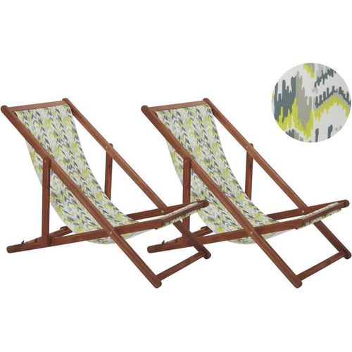 BELIANI Liegestühle 2er Set aus dunklem Akazienholz mit gelb-grauem Bezug zusammenklappbar Zick Zack Muster Gartenausstattung Gartenzubehör Modern