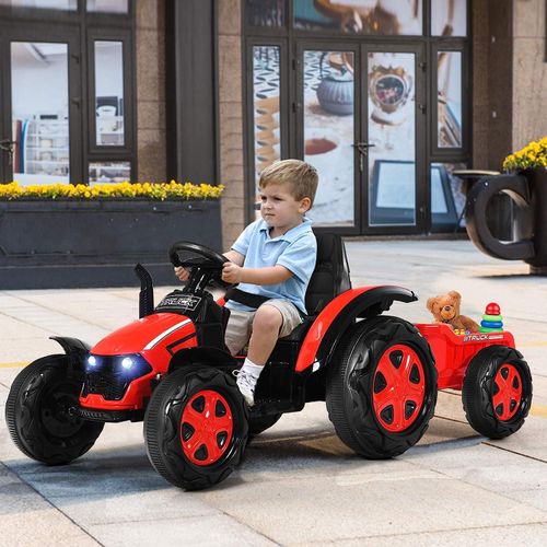 GOPLUS Elektrotraktor mit Fernsteuerung & abnehmbarem Anhänger, multifunktional Elektrofahrzeuge für Kinder 3-8 Jahren, 12V Spielzeugtraktor bis 30kg belastbar (Rot)