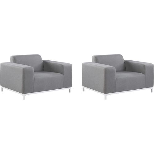 BELIANI Sessel 2er Set Grau Stoff Polsterbezug schnelltrocknend Aluminium Gestell weiß mit Armlehnen Indoor Outdoor Wohnzimmer Garten Terrasse Balkon