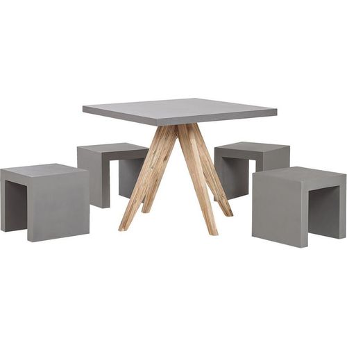 BELIANI Gartenset Tisch 200x100 cm und 8 Hocker Beton Akazienholz-Gestell rustiklaler Look Gartenausstattung Gartenmöbel Garten und Terrasse