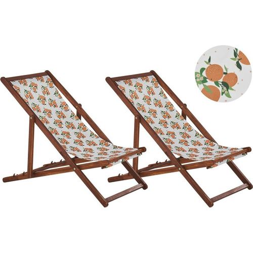 BELIANI Liegestühle 2er Set aus dunklem Akazienholz Bezug Orangenmotiv mehrfarbig zusammenklappbar Gartenausstattung Outdoor Gartenzubehör Modern