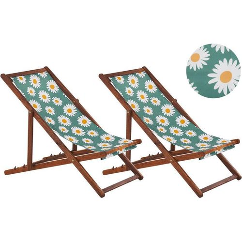 BELIANI Liegestühle 2er Set aus dunklem Akazienholz mit Kamillenmuster mehrfarbig zusammenklappbar Gartenausstattung Outdoor Gartenzubehör Modern