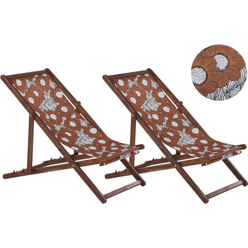 BELIANI Liegestühle 2er Set aus dunklem Akazienholz mit Bezug rot/weiß zusammenklappbar Mohnblumenmuster Gartenausstattung Outdoor Gartenzubehör Modern