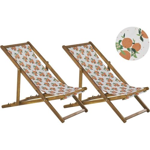 BELIANI Liegestühle 2er Set aus hellem Akazienholz Bezug Orangenmotiv mehrfarbig zusammenklappbar Gartenausstattung Outdoor Gartenzubehör Modern