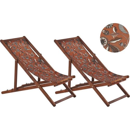 BELIANI Liegestühle 2er Set aus dunklem Akazienholz mit rotem Bezug zusammenklappbar Pflanzenmotiv Gartenausstattung Outdoor Gartenzubehör Modern