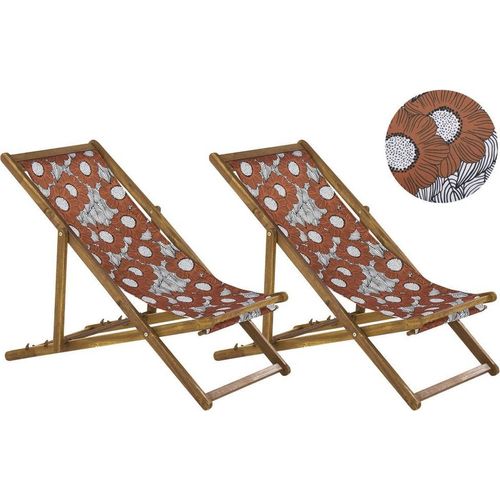 BELIANI Liegestühle 2er Set aus hellem Akazienholz mit Bezug rot/weiß zusammenklappbar Mohnblumenmuster Gartenausstattung Outdoor Gartenzubehör Modern