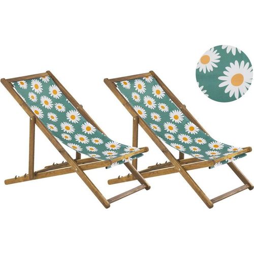 BELIANI Liegestühle 2er Set aus hellem Akazienholz Bezug mit Kamillenmuster mehrfarbig zusammenklappbar Gartenausstattung Outdoor Gartenzubehör Modern