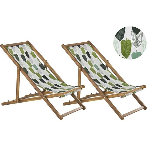 BELIANI Liegestühle 2er Set Weiß / Grün aus hellem Akazienholz mit Bezug zusammenklappbar Blättermotiv Gartenausstattung Outdoor Gartenzubehör Modern