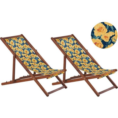 BELIANI Liegestühle 2er Set aus dunklem Akazienholz mit buntem Bezug zusammenklappbar Blumenmuster Gartenausstattung Outdoor Gartenzubehör Modern