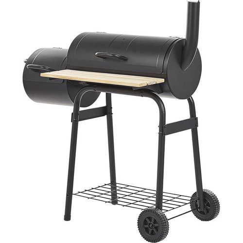 BELIANI Holzkohlegrill Schwarz aus Stahl mit Räucherkammer Smoker auf Rädern Tonnengrill Rollbar BBQ Garten Outdoor Ausstattung