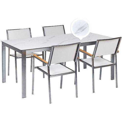 BELIANI Gartenmöbel Set 7-Teilig Weiß Marmor Optik Edelstahl 4 Stühle Polyester Tisch 180x90cm Sicherheitsglas Keramik Gartenausstattung Outdoor Indoor