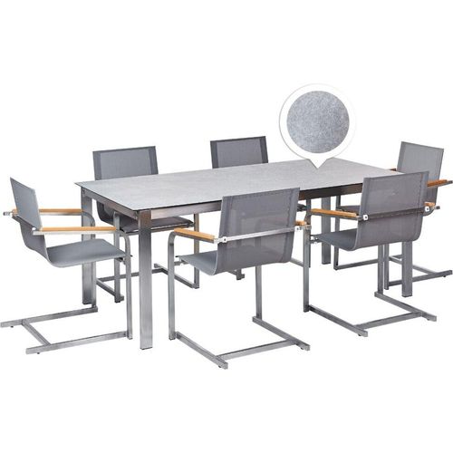 BELIANI Gartenmöbel Set Grau Edelstahl 6 Stühle Polyester Tisch 180x90 cm Sicherheitsglas Keramik Gartenausstattung Terrasse Outdoor Indoor