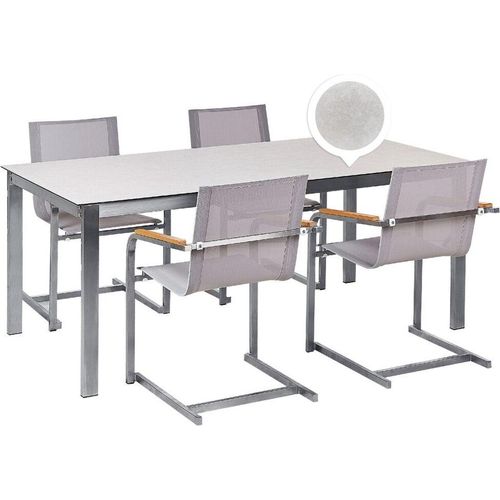 BELIANI Gartenmöbel Set Weiß und Beige Edelstahl 4 Stühle Polyester Tisch 180x90 cm Sicherheitsglas Keramik Gartenausstattung Terrasse Outdoor Indoor