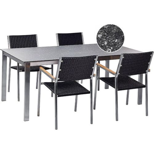 BELIANI Gartenmöbel Set 7-Teilig Schwarz Edelstahl 4 Stühle Rattan Tisch 180x90cm Sicherheitsglas Keramik Gartenausstattung Terrasse Outdoor Indoor