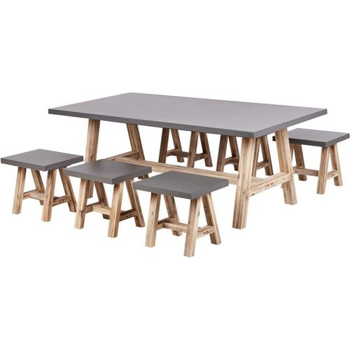 BELIANI Gartenmöbel Set 7-Teilig Grau Faserzement Rechteckiger Tisch 200 x 100 cm und 6 Hocker mit hellen Holzbeinen Indoor & Outdoor Garten
