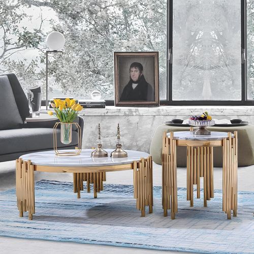 Set 2er Set Garnitur Beistell Couch Tische Zeitungs Designer Marmor Tisch Rund