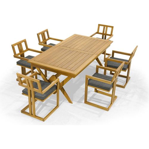 Dunkelbraune Gartenmöbel Designer Holz Esstisch 6x Polsterstühle 7tlg