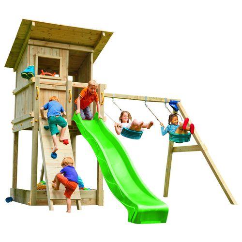 Spielturmking Spielturm BEACH HUT mit Rutsche + Doppelschaukel + Kletterwand - Grün 1,20 m DH186