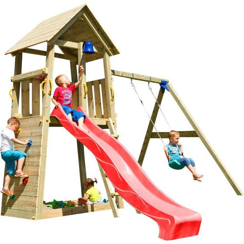 Spielturmking Spielturm BELVEDERE mit Rutsche + Einzelschaukel - Rot DH225