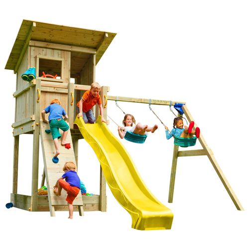Spielturmking Spielturm BEACH HUT mit Rutsche + Doppelschaukel + Kletterwand - Gelb 1,20 m DH184