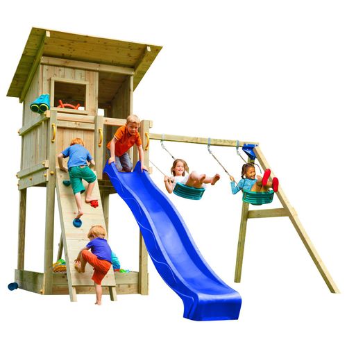 Spielturmking Spielturm BEACH HUT mit Rutsche + Doppelschaukel + Kletterwand - Blau 1,50 m DH190