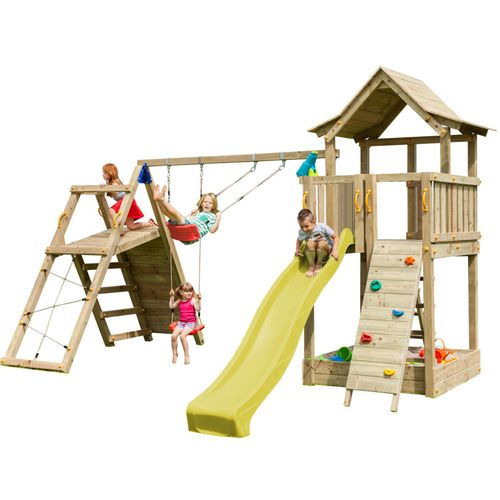 Spielturmking Spielturm PAGODA mit Rutsche 2,90 m + Kletterwand + Doppelschaukel - Gelb DH455